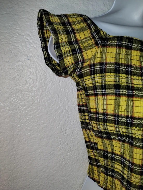 HOT TOPIC Yellow Plaid Square-Neck Women’s Top sz Medium - Picture 6 of 10